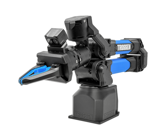 Trossen industrial robotic arm with black and blue components, mounted on a black base, shown on a plain white background.