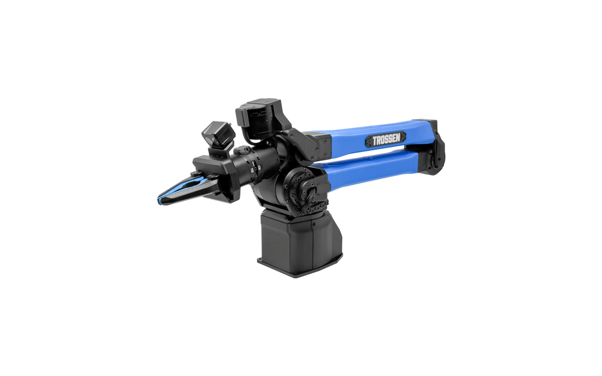 A Trossen industrial robotic arm with a black base and joints, featuring bright blue end-effectors and a black camera or sensor mounted on top, shown against a solid white background.