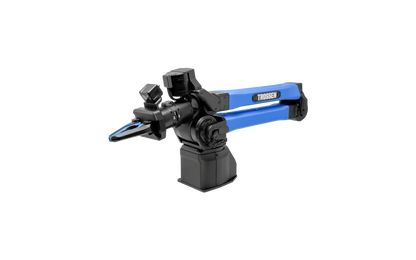 A Trossen industrial robotic arm with a black base and joints, featuring bright blue end-effectors and a black camera or sensor mounted on top, shown against a solid white background.