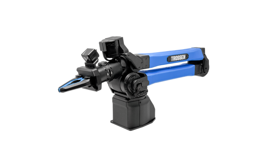 A Trossen industrial robotic arm with a black base and joints, featuring bright blue end-effectors and a black camera or sensor mounted on top, shown against a solid white background.