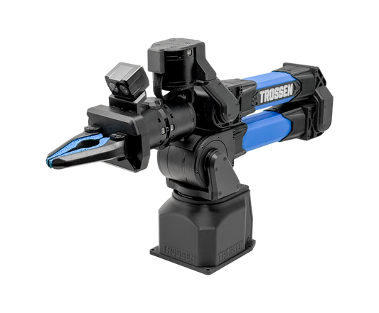 A Trossen industrial robotic arm with a black body and bright blue accents, shown on a plain white background.